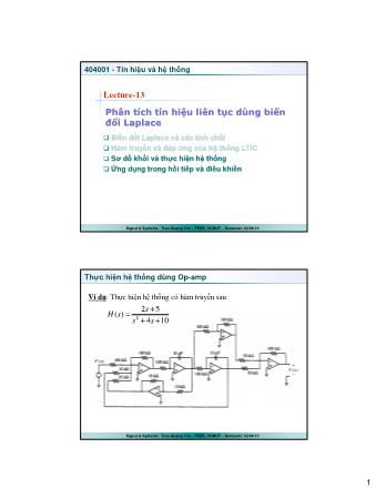 Bài giảng Tín hiệu và hệ thống - Bài 13: Phân tích tín hiệu liên tục dùng biến đổi Laplace - Trần Quang Việt