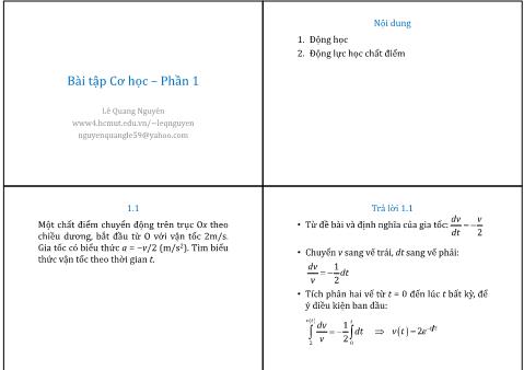 Bài giảng Vật Lý 1 - Phần 1: Cơ học - Bài tập Cơ học (Phần 1) - Lê Quang Nguyên