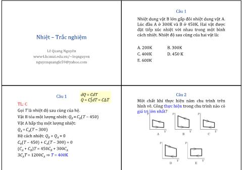 Bài giảng Vật Lý 1 - Phần 2: Nhiệt học - Bài: Nhiệt-Trắc nghiệm - Lê Quang Nguyên