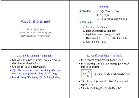 Bài giảng Vật Lý 1 - Phần 3: Điện từ học - Bài: Vật dẫn & Điện môi - Lê Quang Nguyên