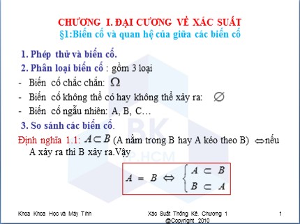 Bài giảng Xác suất thống kê - Chương 1: Đại cương về xác suất