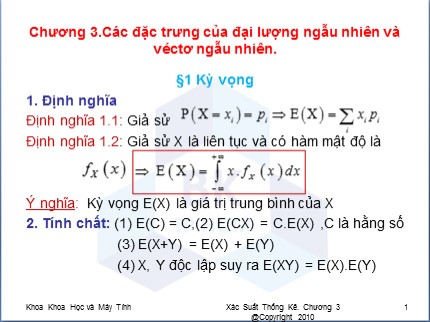 Bài giảng Xác suất thống kê - Chương 3: Các đặc trưng của đại lượng ngẫu nhiên và véctơ ngẫu nhiên