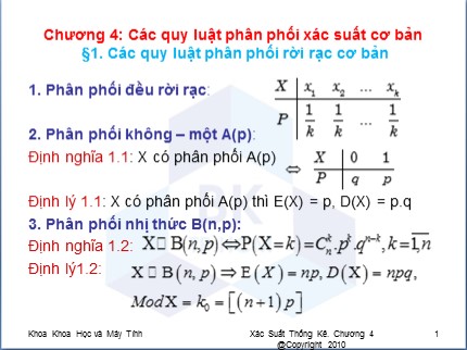 Bài giảng Xác suất thống kê - Chương 4: Các quy luật phân phối xác suất cơ bản