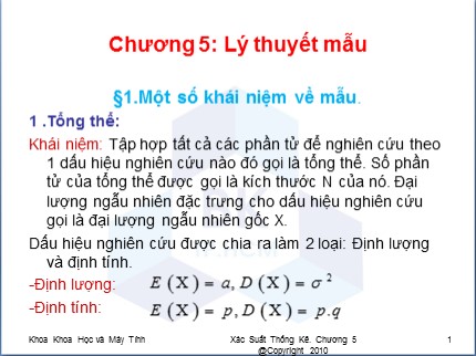 Bài giảng Xác suất thống kê - Chương 5: Lý thuyết mẫu