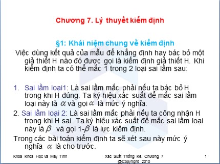 Bài giảng Xác suất thống kê - Chương 7: Lý thuyết kiểm định