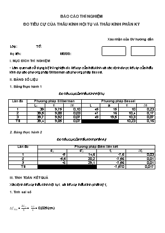 Báo cáo thí nghiệm Đo tiêu cự của thấu kính hội tụ và thấu kính phân kỳ