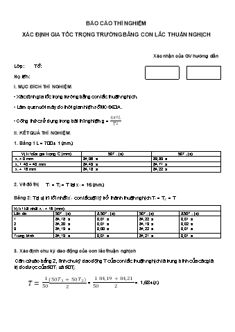 Báo cáo thí nghiệm Vật lí Xác định gia tốc trọng trường bằng con lắc thuận nghịch