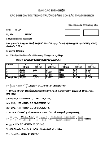 Báo cáo thí nghiệm Xác định gia tốc trọng trường bằng con lắc thuận nghịch