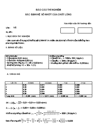 Báo cáo thí nghiệm Xác định hệ số nhớt của chất lỏng