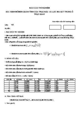 Báo cáo thí nghiệm Xác định mômen quán tính của trục đặc và lực ma sát trong ổ trục quay