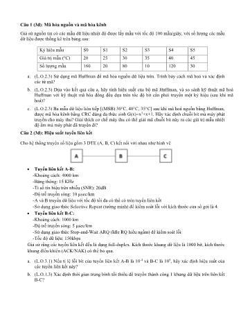 Đề thi cuối kỳ chính quy môn Truyền số liệu và mạng