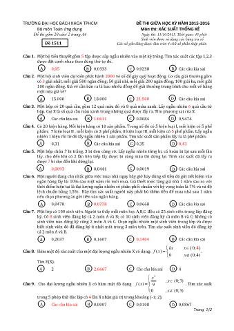 Đề thi giữa học kỳ 1 môn Xác suất thống kê - Năm học 2015-2016