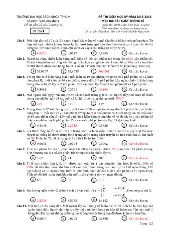 Đề thi giữa học kỳ 2 môn Xác suất thống kê - Năm học 2015-2016