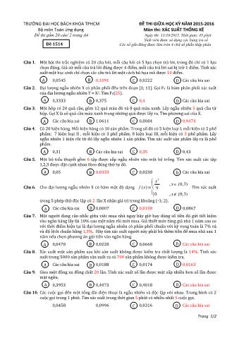 Đề thi giữa học kỳ môn Xác suất thống kê - Năm học 2015-2016 - Đề 1514