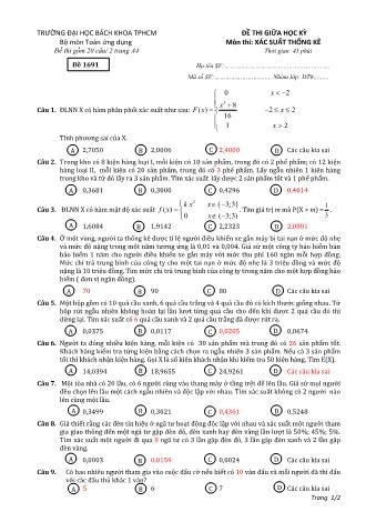 Đề thi giữa kì môn Xác suất thống kê - Đề 1691
