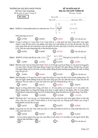 Đề thi giữa kì môn Xác suất thống kê - Đề 1699