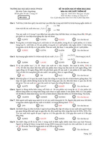 Đề thi giữa kỳ môn Xác suất thống kê - Năm học 2015-2016 - Đề 1523