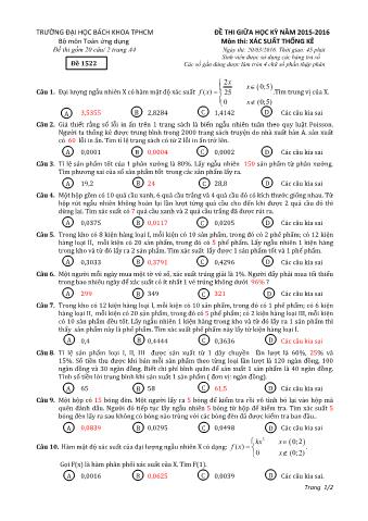 Đề thi giữa kỳ môn Xác suất thống kê - Năm học 2015-2016 - Đề 1522
