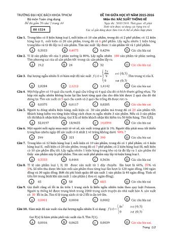 Đề thi giữa kỳ môn Xác suất thống kê - Năm học 2015-2016 - Đề 1524