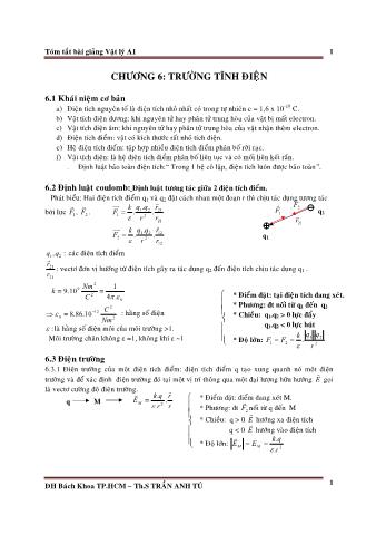 Tóm tắt bài giảng Vật lý A1 - Chương 6: Trường tĩnh điện - Trần Anh Tú
