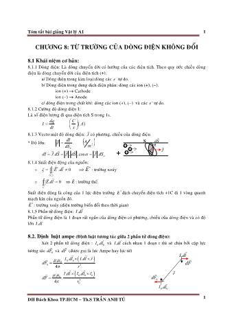 Tóm tắt bài giảng Vật lý A1 - Chương 8: Từ trường của dòng điện không đổi - Trần Anh Tú