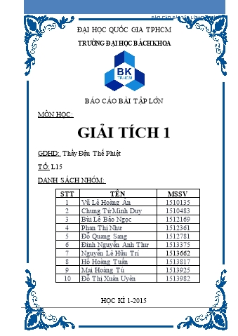 Báo cáo bài tập lớn môn học Giải tích 1