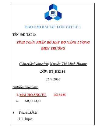 Báo cáo bài tập lớn Vật lý 1 - Đề tài 8: Tính toán phân bố mật độ năng lượng điện trường