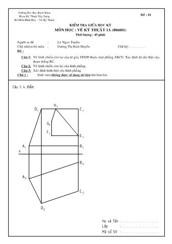 Đề kiểm tra giữa học kỳ môn học Vẽ kỹ thuật 1A - Lê Ngọc Tuyền