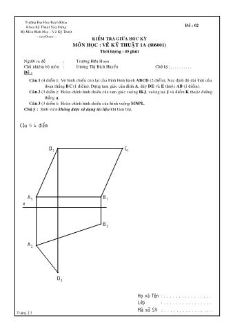 Đề kiểm tra giữa học kỳ môn Vẽ kỹ thuật 1A - Đề 2 - Trương Hữu Hoan